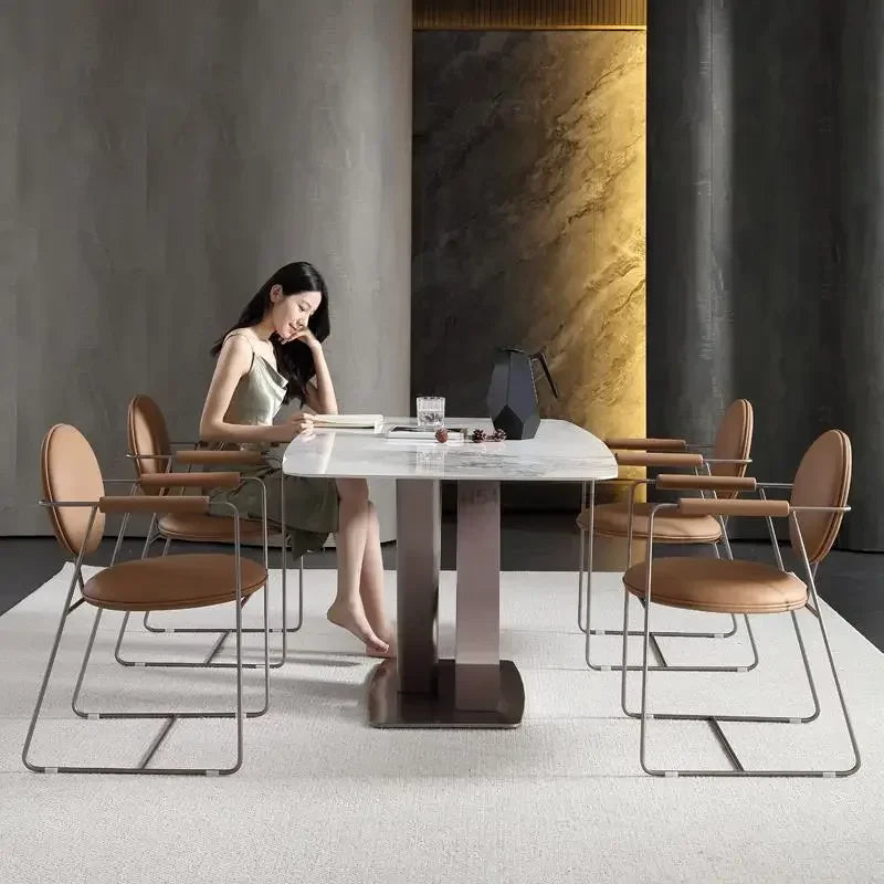 Table à manger rectangulaire pour 6 personnes avec base en acier et pierre de luxe, design minimaliste italien, meubles de cuisine en Chine continentale