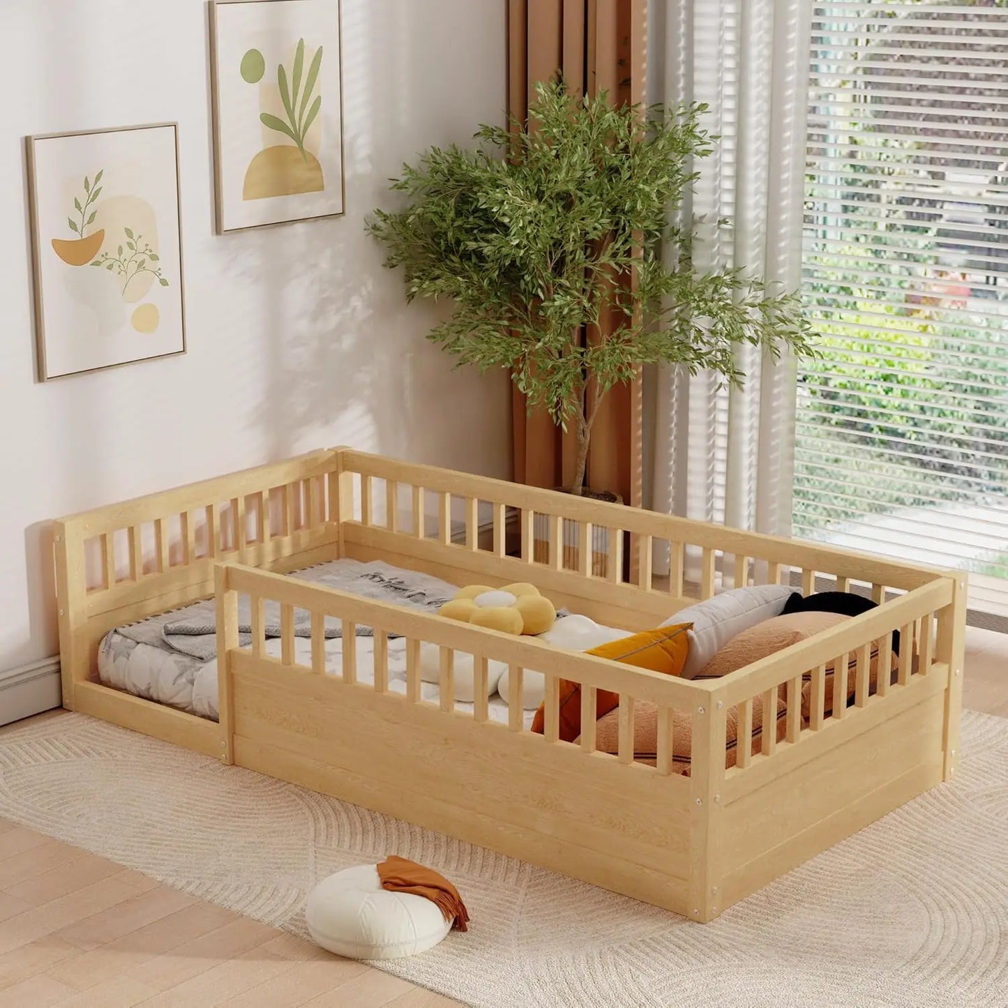 Lit double Montessori avec clôture, cadre de lit au sol pour tout-petits avec rails hauts pour chambre d'enfants, tout-petits, garçons et filles,