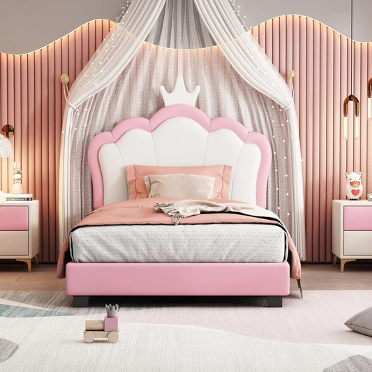 Cabecero de cama tapizado para niños y niñas, con plataforma de madera, no necesita somier, color blanco, rosa y corona