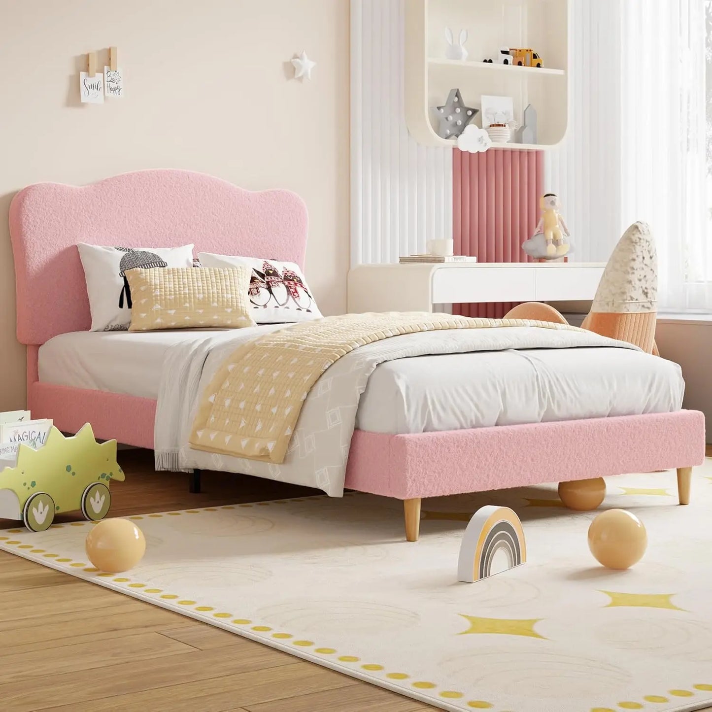 Marcos de cama doble para niños, plataforma de cama doble tapizada para niños pequeños con cabecera ajustable, listones de madera, dormitorio infantil