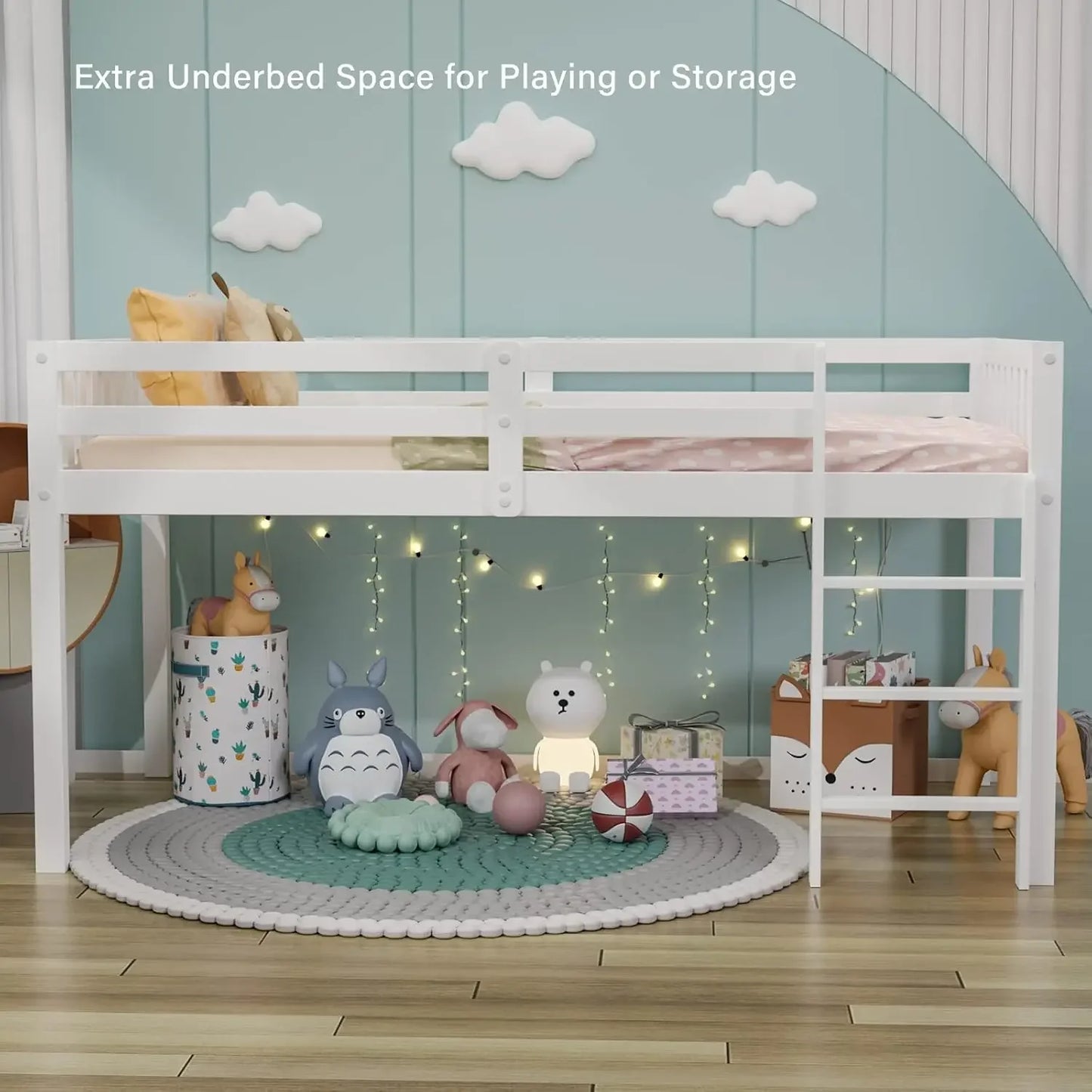 Cama alta doble con estructura de cama baja para niños pequeños, habitación pequeña, techo bajo, con barandilla y escalera, color blanco