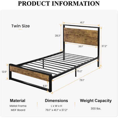 Twin Bed Frame with Wooden Headboard, Heavy Duty Metal Platform Bed, Single Platform Bed for Kids