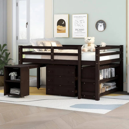 Cama alta con escritorio y tocador tamaño completo, estructura de cama alta de madera para niños con gabinete y estantes de almacenamiento y escritorio portátil con ruedas para J