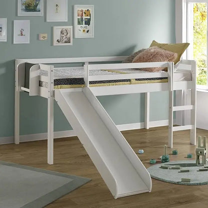 Cama alta para niños pequeños con tobogán, tobogán para cama alta con escalera, pizarra, madera de pino