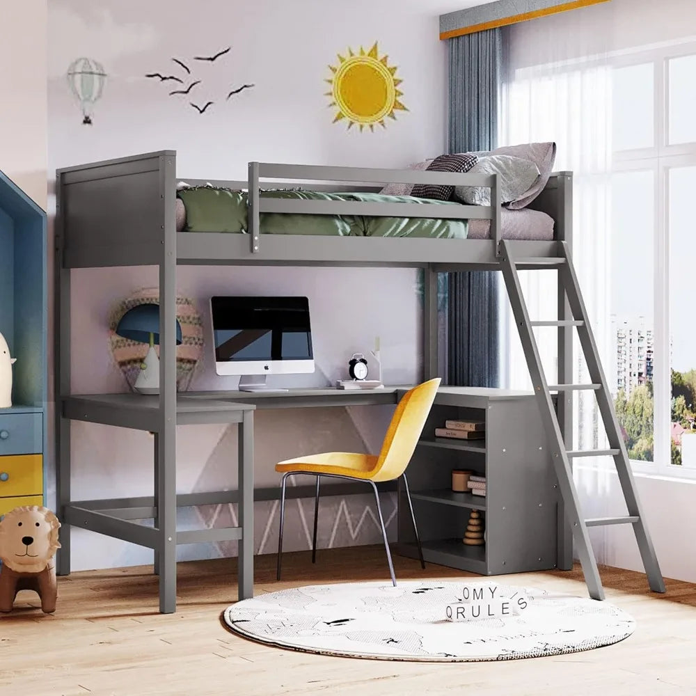 Twin Size Loft Bed with Shelves and Desk, Wooden Loft Bed with Desk, for Kids, Teens, Noise Free, No Box Spring, Easy Assembly