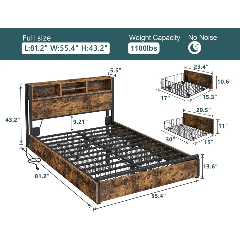 Queen Bed Frame with 6 Storage Drawers,Headboard,Charging Station & Storage No Noise,No Box Springs Needed,Vintage Brown.