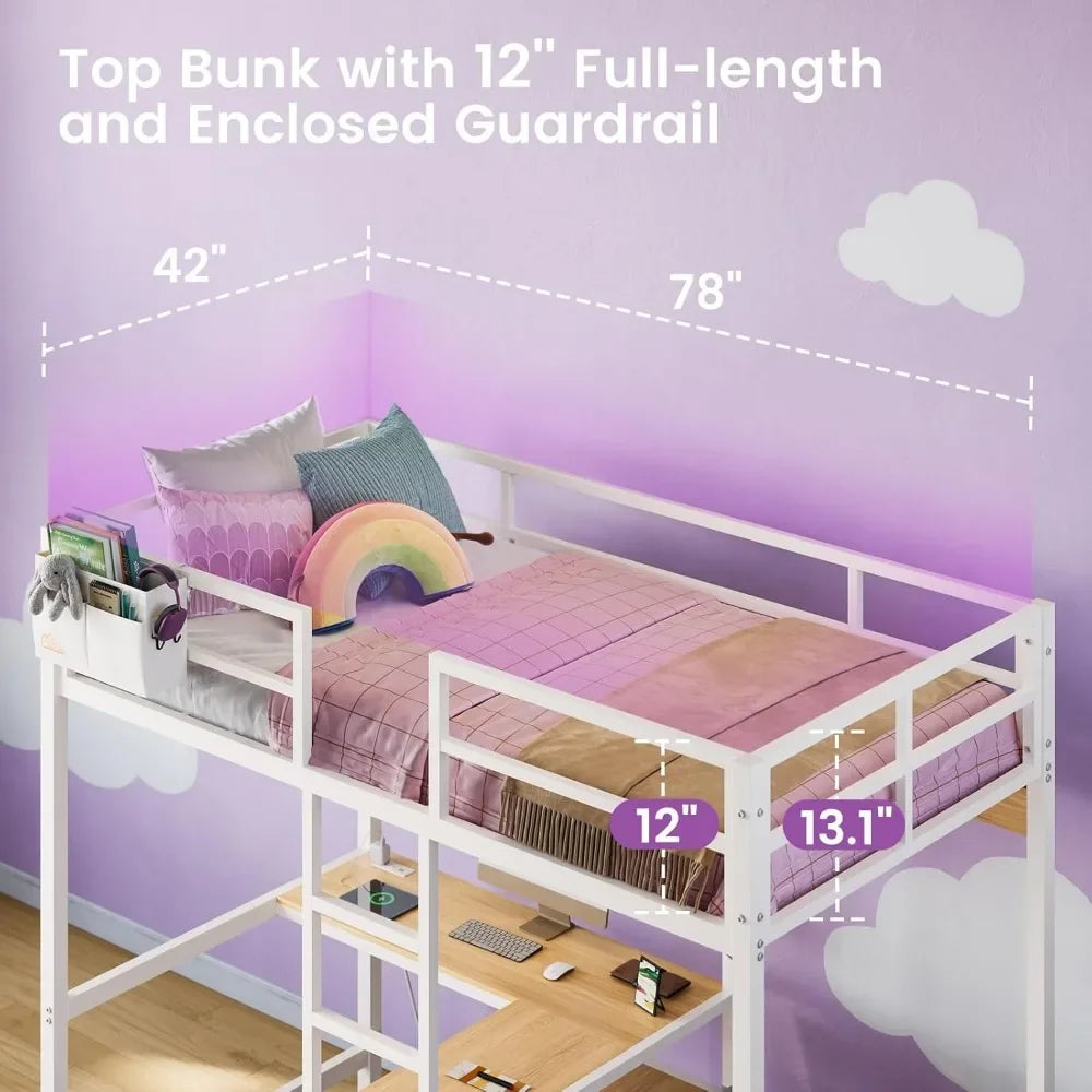 Lit mezzanine avec bureau en L, lumières LED et station de charge avec étagères de rangement et porte-manteau avec 2 tiroirs de rangement, lit pour enfants