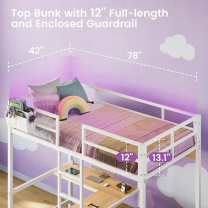 Loft Bed with L-Shaped Desk, LED Lights and Charging Station with Storage Shelves and Coat Rack with 2 Storage Drawers, Kids Bed