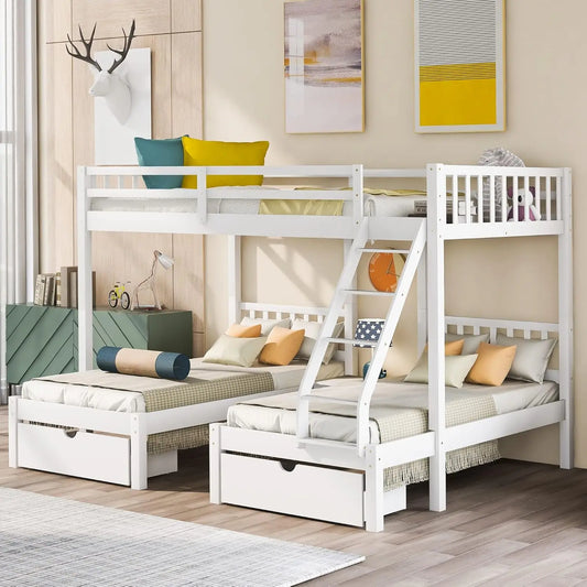 Litera triple completa sobre literas individuales y individuales para 3, estructura de cama triple de madera con cajones y barandillas para niños, adolescentes y adultos