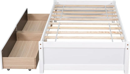 Lit simple à plateforme blanc pour deux personnes, cadre de lit en bois pour chambre à coucher, lit de rangement avec tiroirs pour enfants, pas besoin de sommier