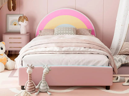 Twin Bed Frames for Kids, Princess Upholstered Girls Twin Platform Bed with Rainbow Headboard, Solid Wood Slats, No Box S