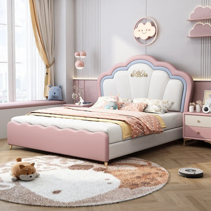 Lit pour enfants en cuir moderne pour filles, lit de luxe rose pour enfants, lit princesse en bois, ensemble de chambre à coucher pour enfants