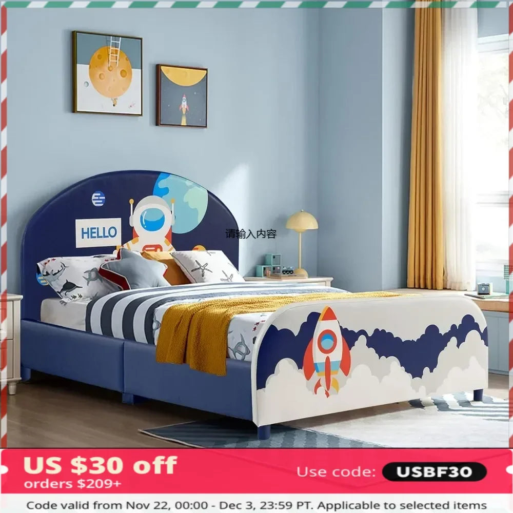 Twin Bed Frames for Kids, Wood Upholstered Twin Bed Platform with Slat Support, Padded Headboard&Footboard