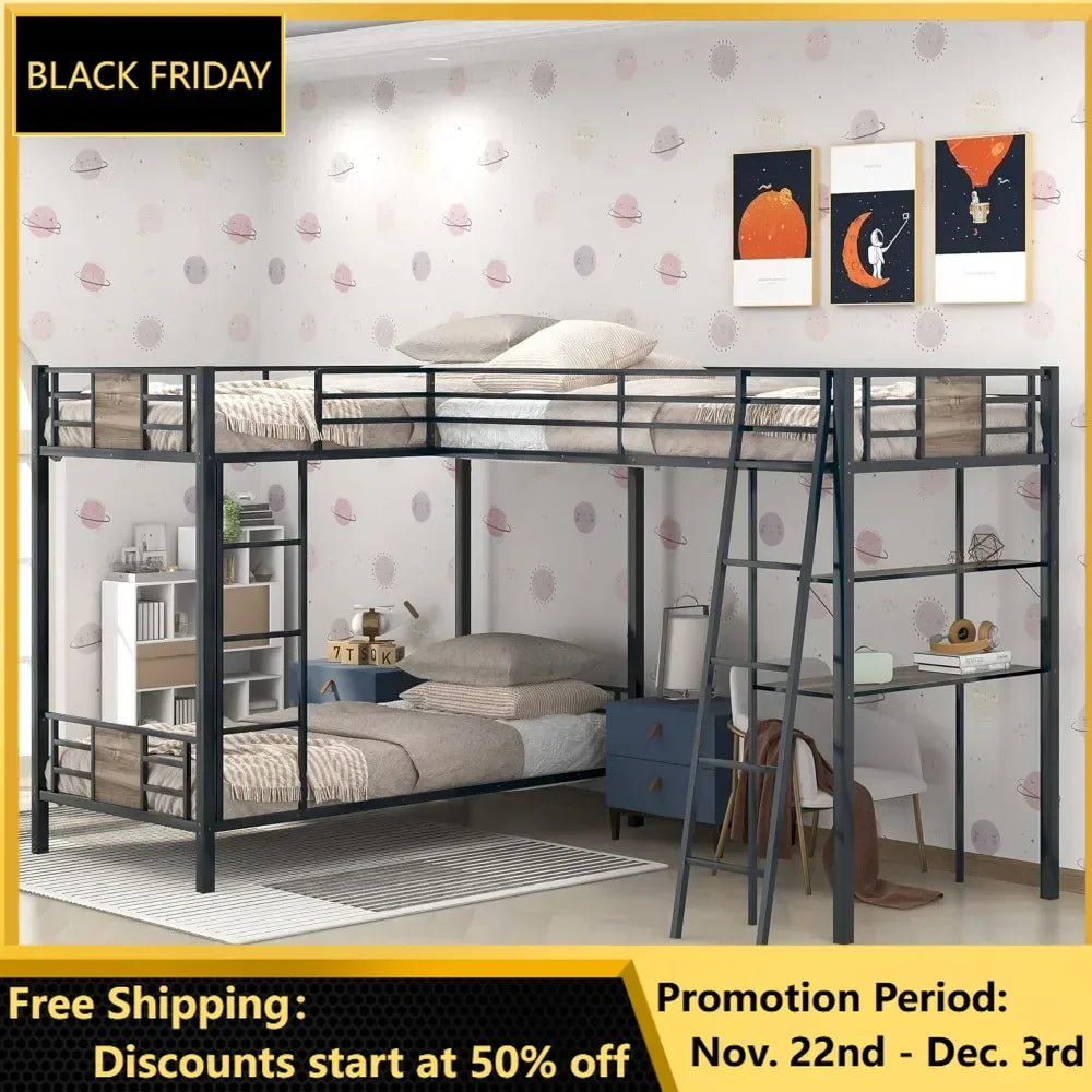 Loft Beds, L-Shaped Metal Corner Bunk Bed with Two Ladders, Twin Over Twin Bunk Bed with Twin Loft Bed W/Desk and Shelf, Beds