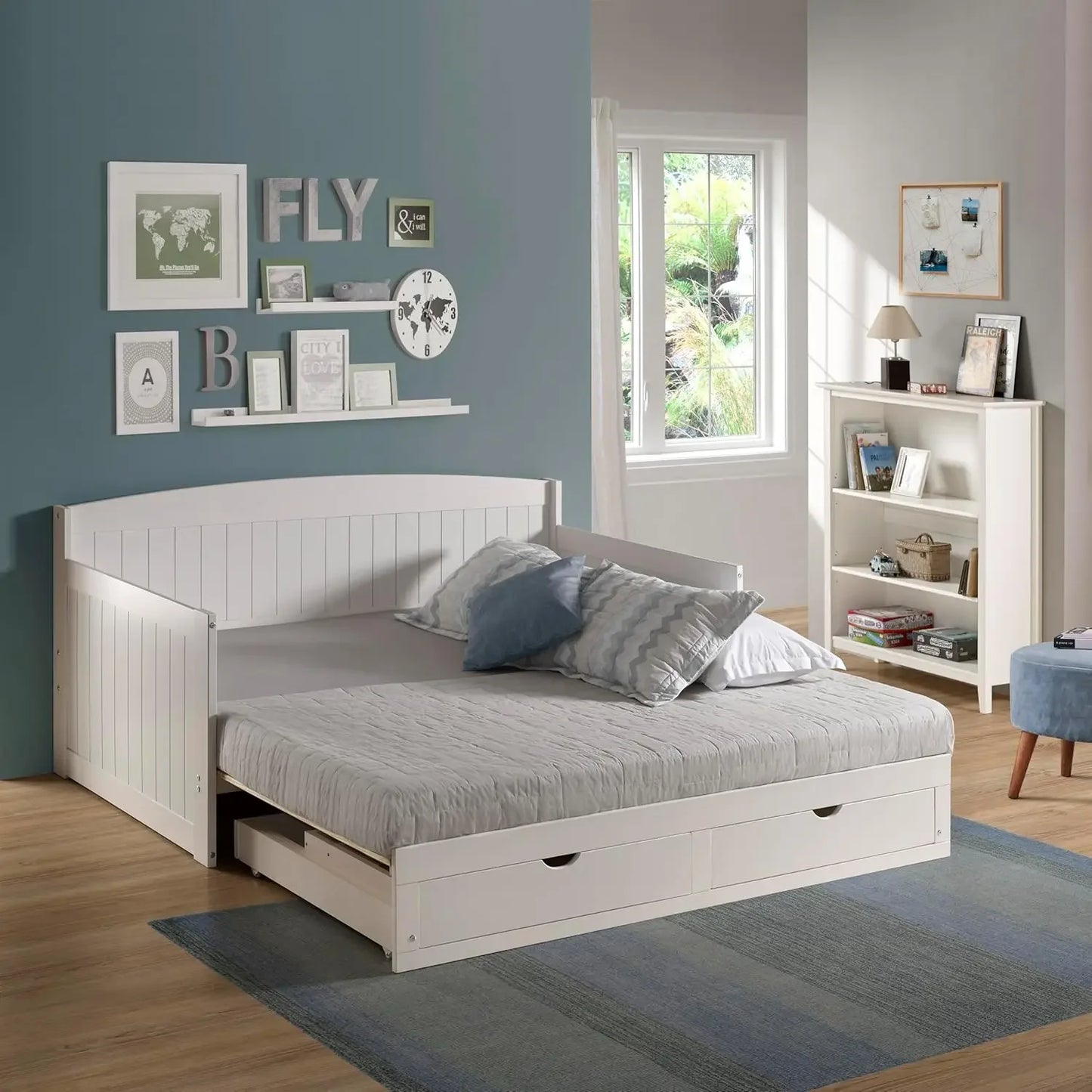 Wood Daybed, Single, White Brazilian Pine Trundle Bed for Sleepovers with Kids, 2 Pull-Out Drawers, 440 lbs Weight Capacity,