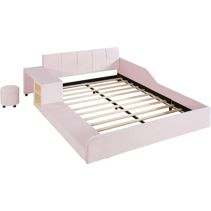 Cama moderna de tamaño completo tapizada con plataforma para madre e hijo, tapizada en tela de terciopelo, con escritorio de noche