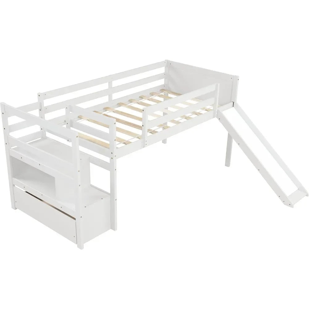 Loft Bed,Solid Wood Loft Bed with Stairs and Slide, with Staircase for Junior,No Box Spring Needed Low Profile Twin Size Loft