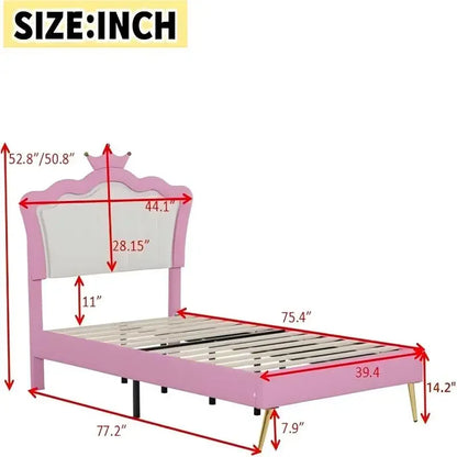 Twin Size Princess Bed with Storage Drawers for Girls,Cute Twin Size Bed Frame for Kids,Twin Upholstered Bed Frame with LE