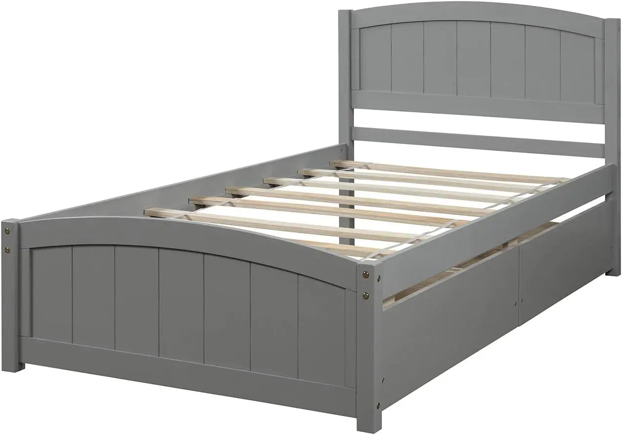 Cama de plataforma de madera maciza de tamaño doble con cajones, cama de almacenamiento, marco de cama de madera con cabecera para niños y adolescentes