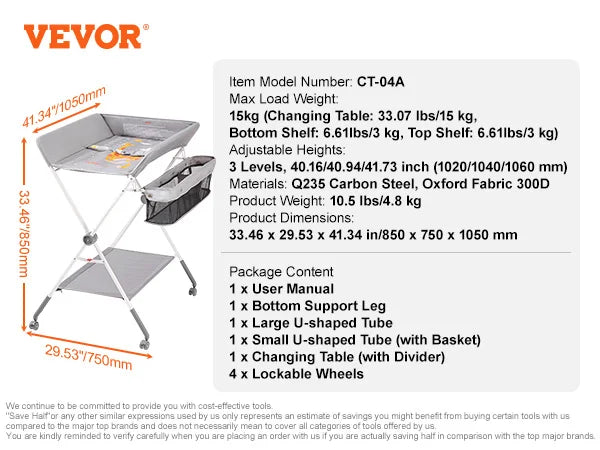 Table à langer pliable VEVOR pour bébé avec roulettes verrouillables et hauteurs réglables sur 3 niveaux pour nouveau-nés et nourrissons