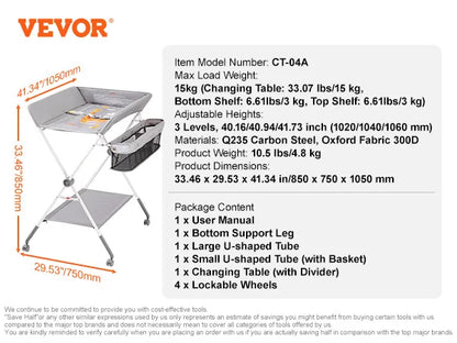 VEVOR Baby Changing Table Folding Diaper Changing Station with Lockable Wheels 3-level Adjustable Heights for Newborns & Infant