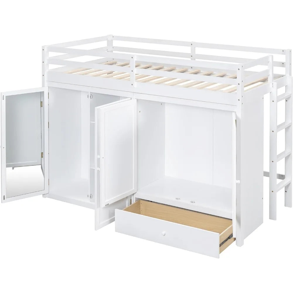 Twin Size Loft Bed with 2 Wardrobes and Mirror, Twin Loft Bed Frame with Storage Drawers, Bedroom, No Box Spring Needed, Beds