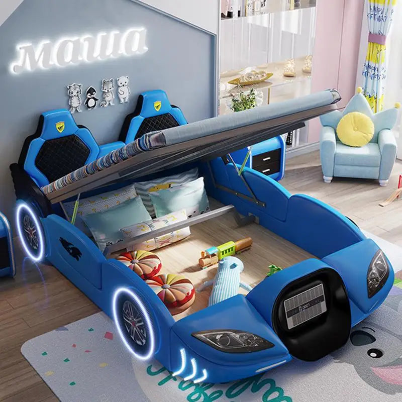 Preciosa cama infantil multicolor con barandilla, muebles de dormitorio de madera maciza, bonita cama infantil con forma de coche para niños y niñas