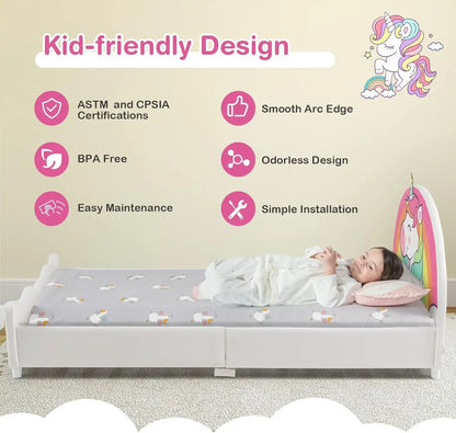 Twin Bed Frames for Kids, Wood Upholstered Twin Bed Platform with Slat Support, Padded Headboard, No Box