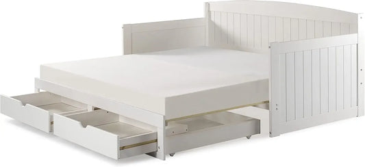 Wood Daybed, Single, White Brazilian Pine Trundle Bed for Sleepovers with Kids, 2 Pull-Out Drawers, 440 lbs Weight Capacity,