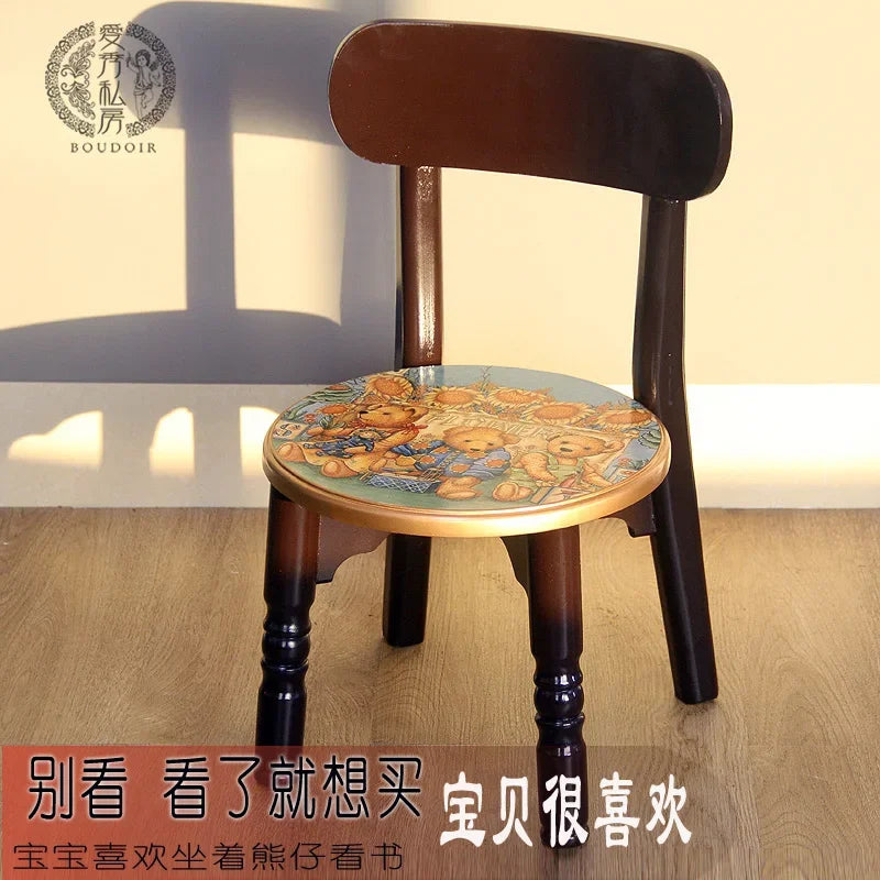 Solid Wood Children Chair Cute Living Room Small Household Adult Short Backrest Study Seat Writing European Designer Furniture