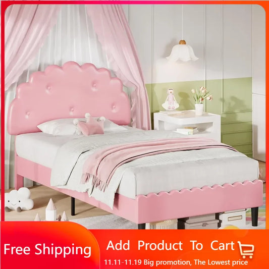 Twin Bed Frame, Upholstered Platform Bed with Button Tufted Headboard, Princess Kids Twin Bed Frames