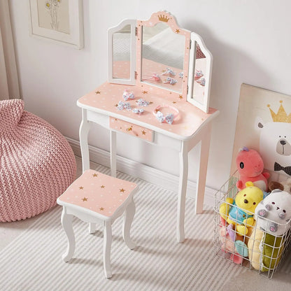 Kids Vanity Table and Chair Set, Girls Vanity Set with Stool, Tri-Folding Mirror, Makeup Dressing Princess Table with Drawer for