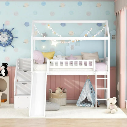 Cama alta con tobogán, camas altas tipo casa de tamaño doble con cajones de almacenamiento, cama tipo casa de juegos con escalera para niños pequeños, niñas y niños