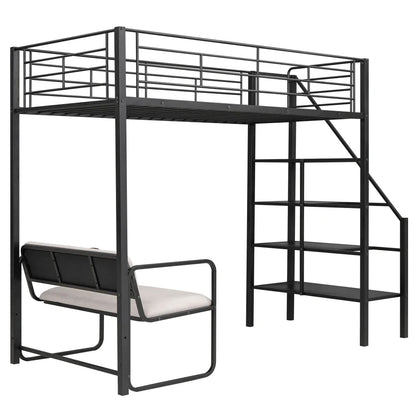 Cama alta de metal tamaño twin con banco y escalera de almacenamiento, literas negras para niños, cama para niñas de 6 a 12 años, princesas de EE. UU.