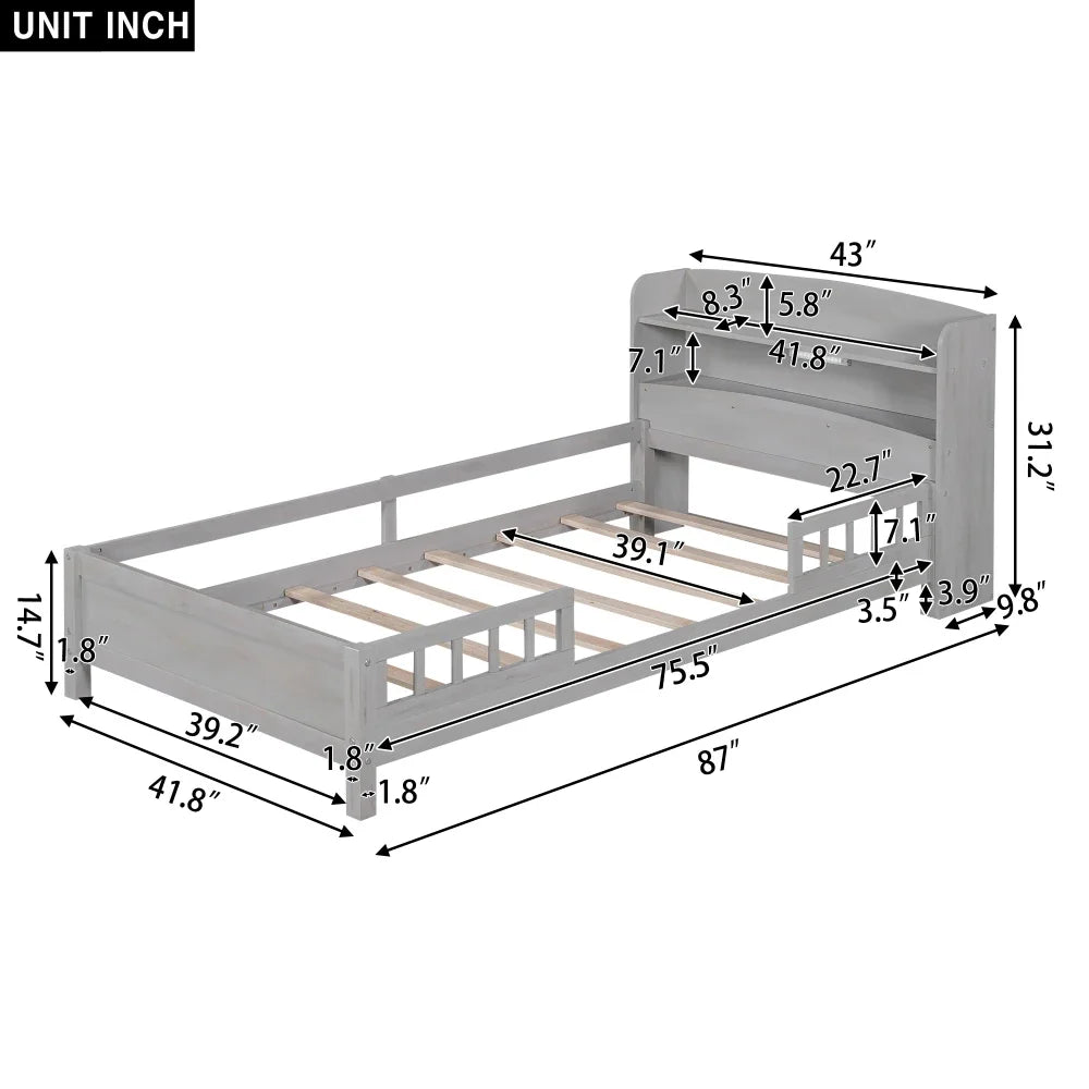 Cama de plataforma de madera de tamaño completo con luz LED incorporada, cabecero de almacenamiento, barandilla, literas blancas para niños, literas para niñas