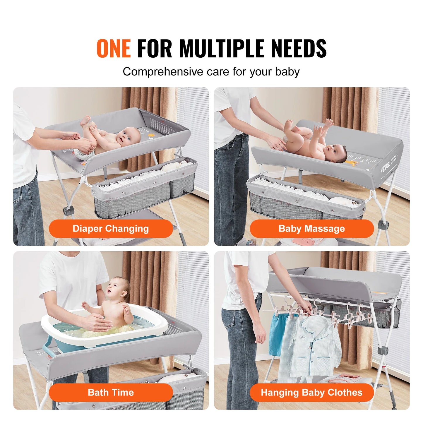 Table à langer pliable VEVOR pour bébé avec roulettes verrouillables et hauteurs réglables sur 3 niveaux pour nouveau-nés et nourrissons