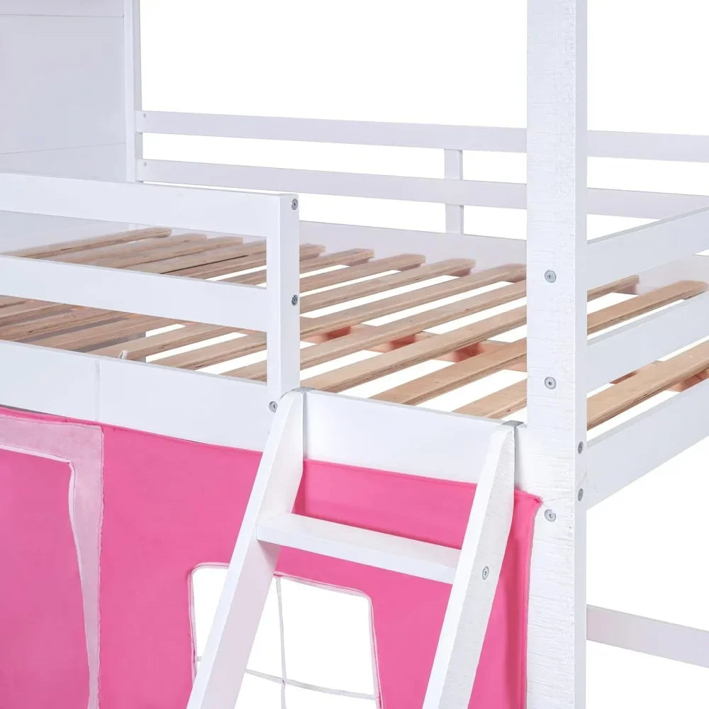 Litera doble tipo loft con tienda de campaña, cama tipo loft para niños con escaleras, barandilla, ventanas y techo, literas de madera para niños de dos plazas sobre dos