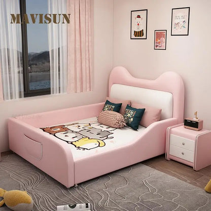 Cama infantil de princesa en color rosa con dibujo de gato para niña, cama individual creativa de cuero de 1,2 a 1,5 metros, cama infantil funcional con barandilla