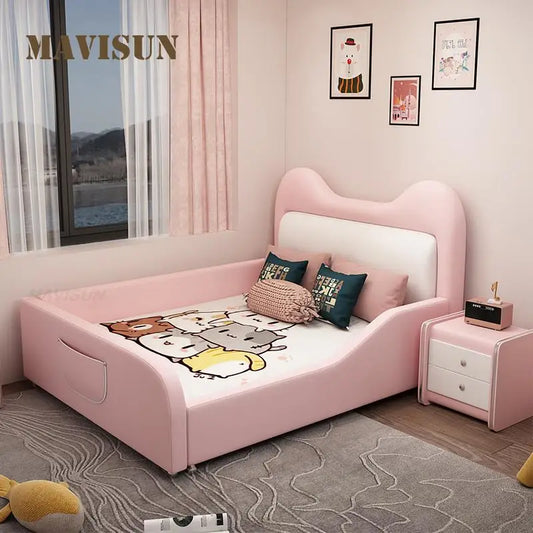 Princess Children Bed In Pink Girl Cartoon Cat Creative Single Leather Bed 1.2 1.5 Meters Function Children's Bed With Guardrail