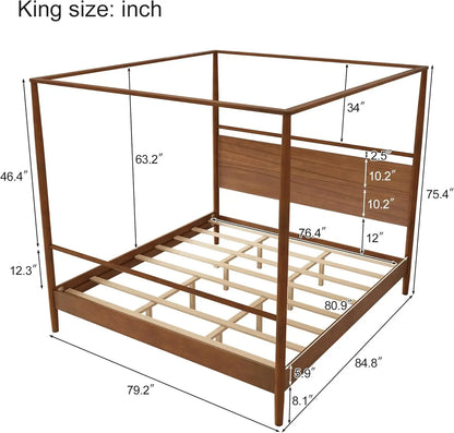 Cama con dosel tamaño king con cabecero, marco de cama con plataforma de dosel de 4 postes, marco de cama tamaño king de madera maciza para niños, adolescentes y adultos, sin caja