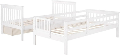 &amp; Bright Designs Lits superposés jumeaux avec tiroirs de rangement et escaliers Cadre de lit superposé en bois pour enfants garçons filles adolescents, blanc