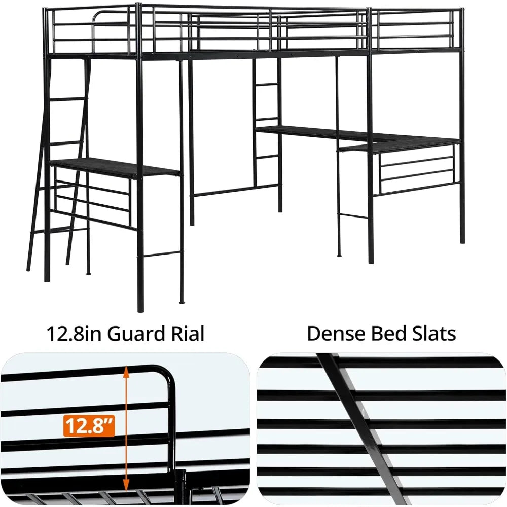 Lit mezzanine double en L avec 2 bureaux intégrés, lit mezzanine d'angle en métal avec 2 échelles et barrière de sécurité, lits superposés robustes