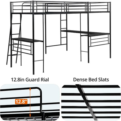 Lit mezzanine double en L avec 2 bureaux intégrés, lit mezzanine d'angle en métal avec 2 échelles et barrière de sécurité, lits superposés robustes