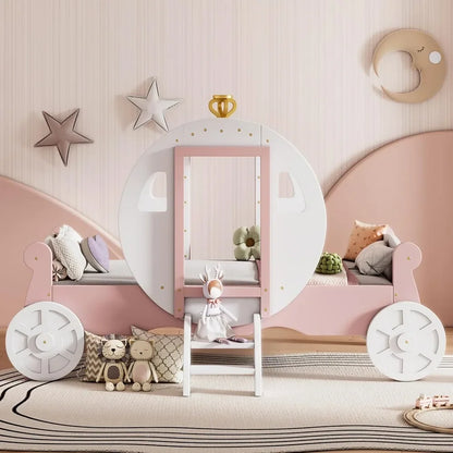 Twin Size Princess Carriage Bed Frame for Boys Girls Kids Toddler with Crown,Wood Platform Car Bed with Stair Children Furniture