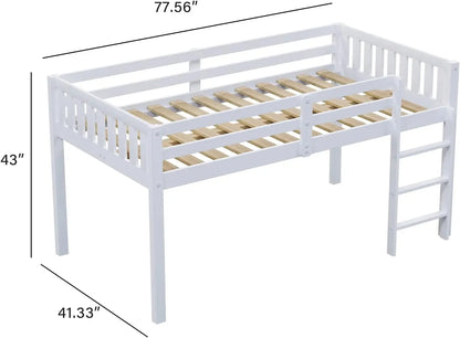 Twin Loft Bed Low Loft Bed Frame for Little Kids Small Room/Low Ceiling with Guardrail and Ladder, White