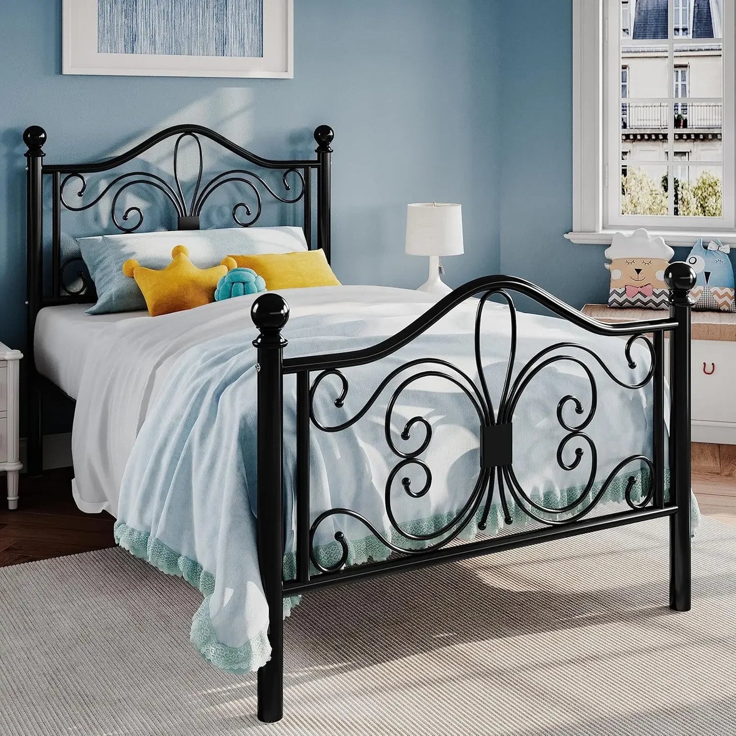 Twin Size Bed Frame for Kids,Metal Bed Frame with Butterfly Pattern Design Headboard and,No Box Spring Need