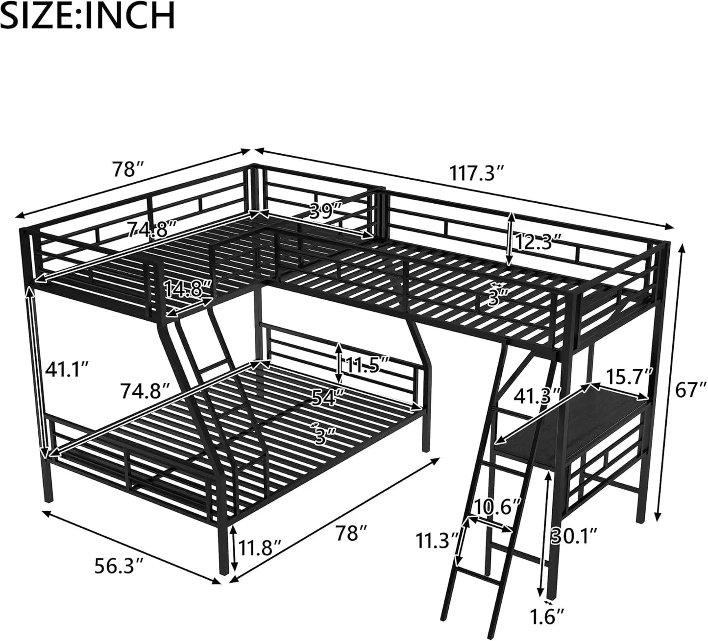 Litera triple Softsea Twin Over Twin Over Full con escritorio, litera triple de metal resistente, litera en forma de L con escalera y