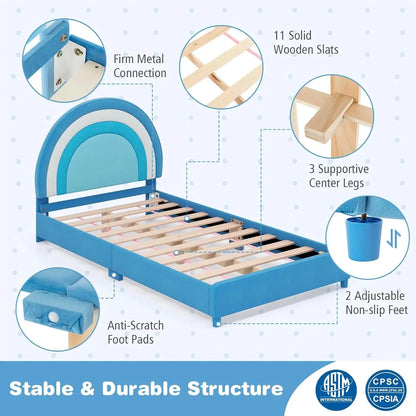 Twin Bed Frames for Kids, Upholstered Wooden Kids Bed w/Adjustable Headboard, Slats Support, 660 LBS Weight Cap, No Box Spring N