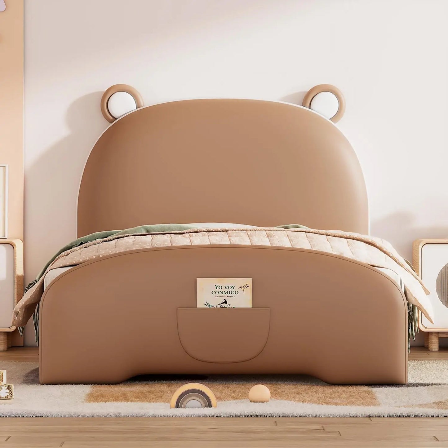 Marco de cama tapizado para niños gemelos con cabecero en forma de oso, divertida cama con plataforma de madera para niños y niñas, no necesita somier