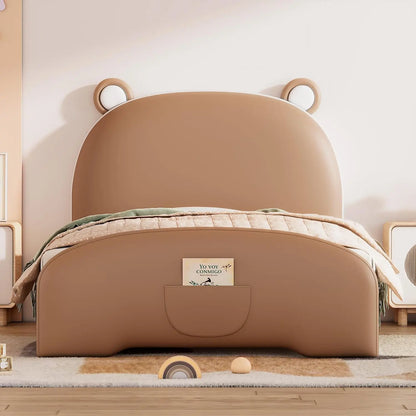 Marco de cama tapizado para niños gemelos con cabecero en forma de oso, divertida cama con plataforma de madera para niños y niñas, no necesita somier